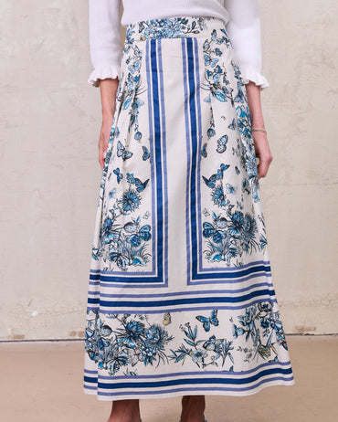 Printed Cotton Pleat Skirt-Navy/White-1