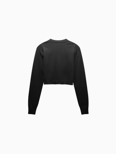 Black Cropped Trim Detail Crew Neck Cardigan Lightweight Top-1