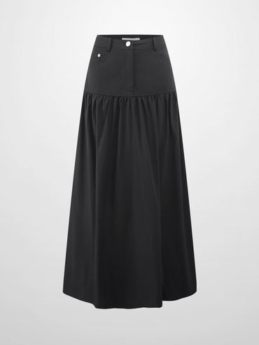 Gathered Drop Waist Yoke Skirt Black Casual Professional Office Wear-1