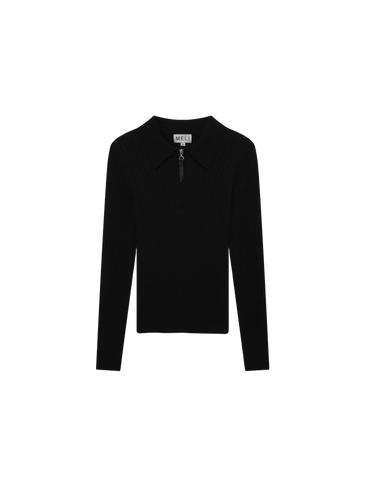Leather Pull Half Zip Cable Knit Polo Black Casual Knit Top-1