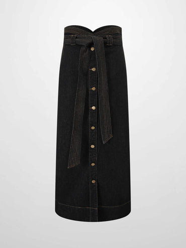 High Waist Black Denim Skirt Button Down Casual Female Skirts-1