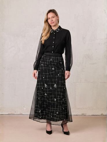 Black Organza Beaded Collar Blouse Elegant Dressy Top for Women-1