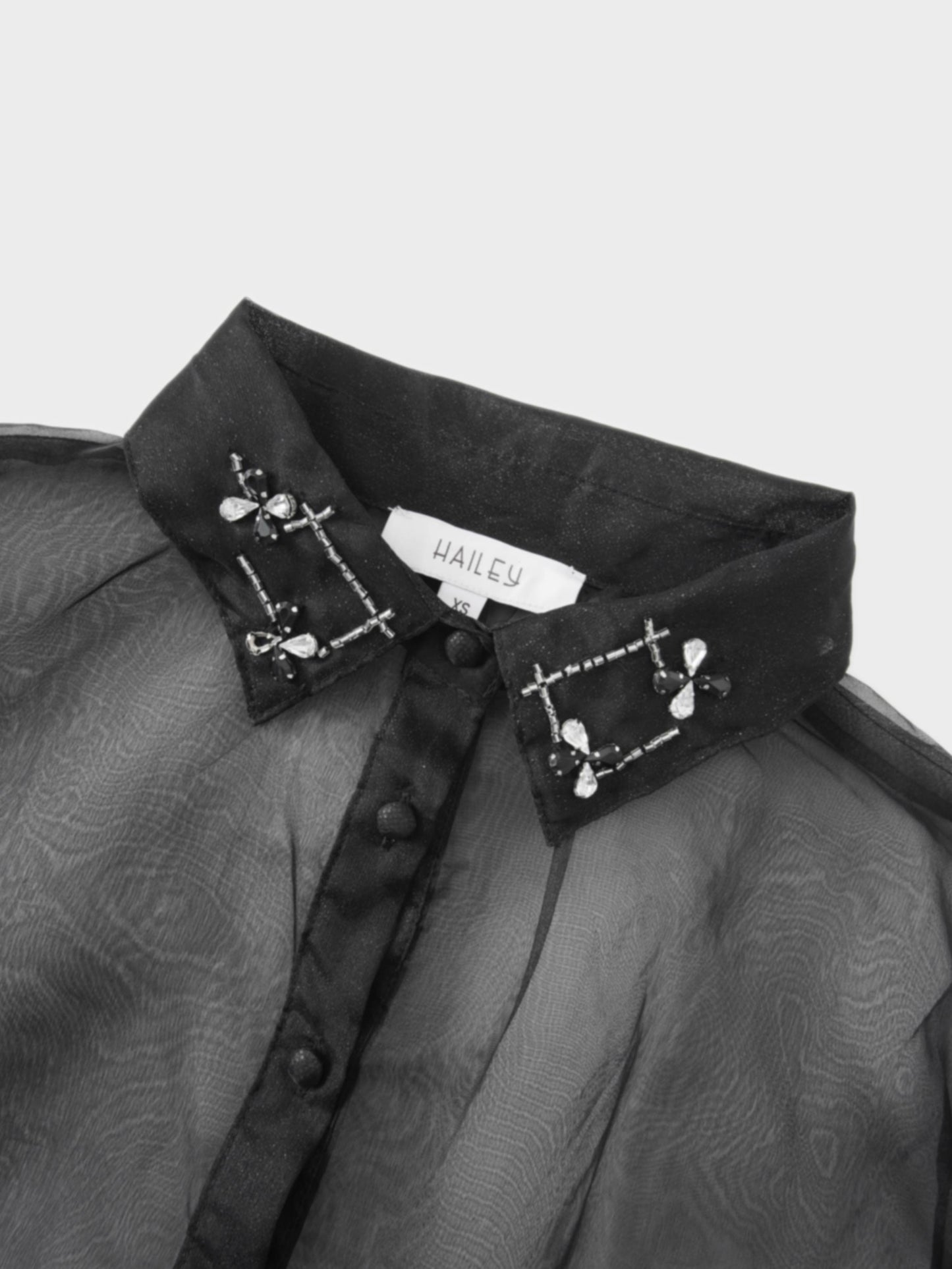Black Organza Beaded Collar Blouse Elegant Dressy Top for Women-4