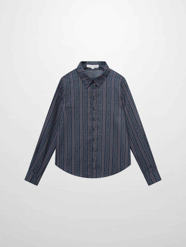 Button Down Blue Striped Medallion Flower Print Blouse for Women-1