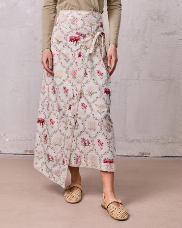 Mock Wrap Skirt with Edged Detail Floral Vines Print Stylish-1