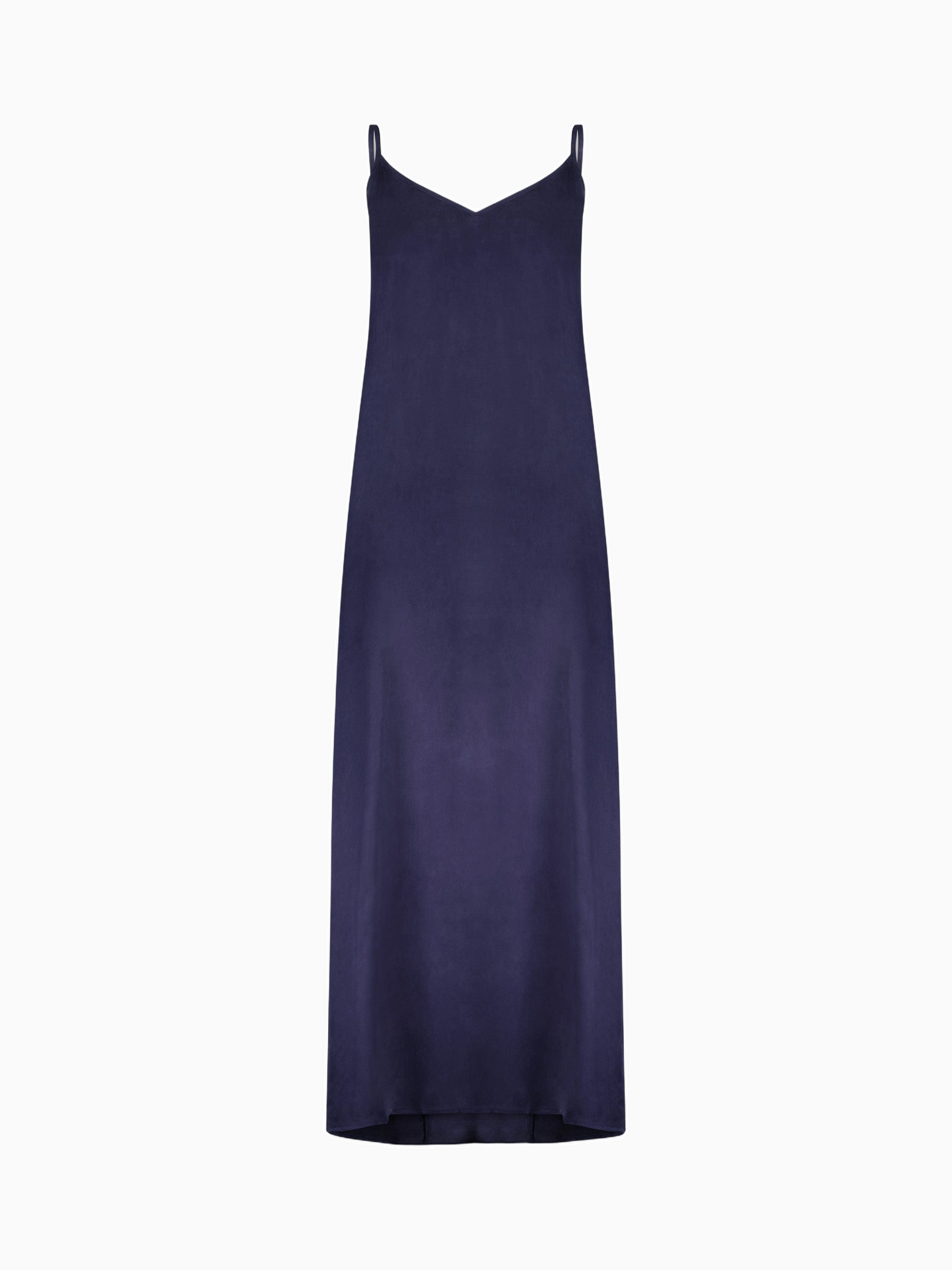 Navy blue slip dress on a white background