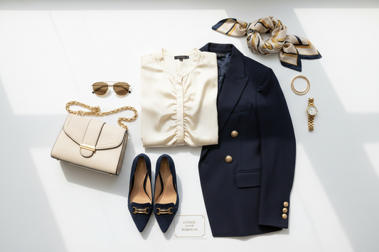 Elegant women's business casual outfit with navy blazer, cream blouse, matching handbag, black flats, gold accessories, and silk scarf styled in a flat lay on a white background