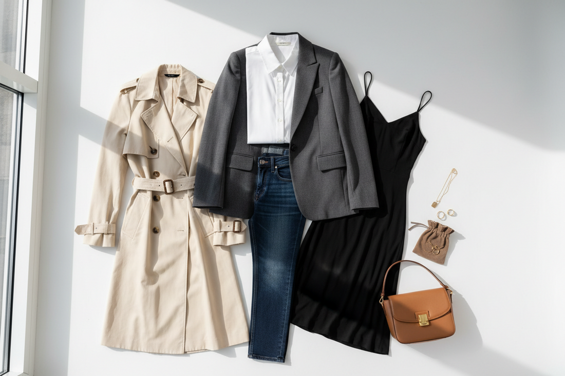 Women’s fashion outfit flat lay featuring beige trench coat, gray blazer, white shirt, blue jeans, black dress, handbags, and accessories