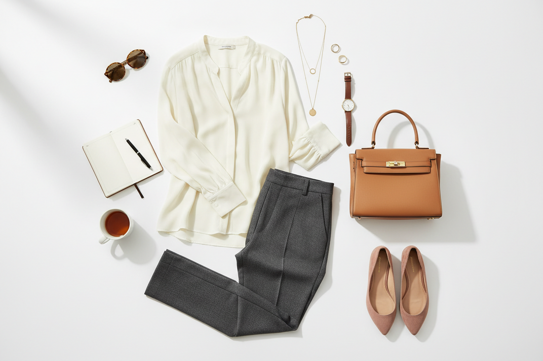 Alt text: Flat lay of a stylish everyday outfit on a white background, featuring a cream blouse, gray trousers, tan handbag, pink flats, sunglasses, gold jewelry, wristwatch, notebook, pen, and a cup of tea.