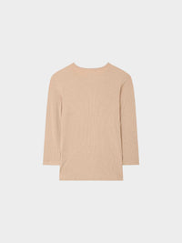 High V Ribbed Tee 3/4 Sleeve Tan Casual Summer Basic Top-1