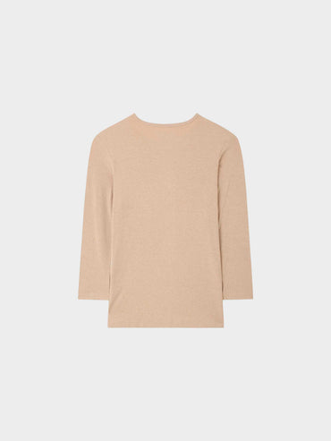 High V Ribbed Tee 3/4 Sleeve Tan Casual Summer Basic Top-1