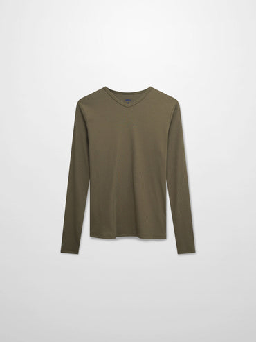 Soft Ribbed High V Neck Tee Olive Green Casual Basic Top
