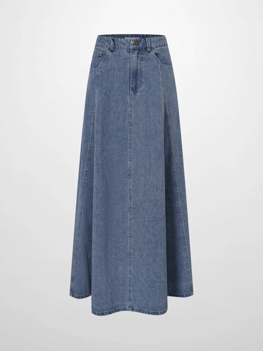 Light Blue Seamed Full Denim Skirt Casual Everyday Wear
