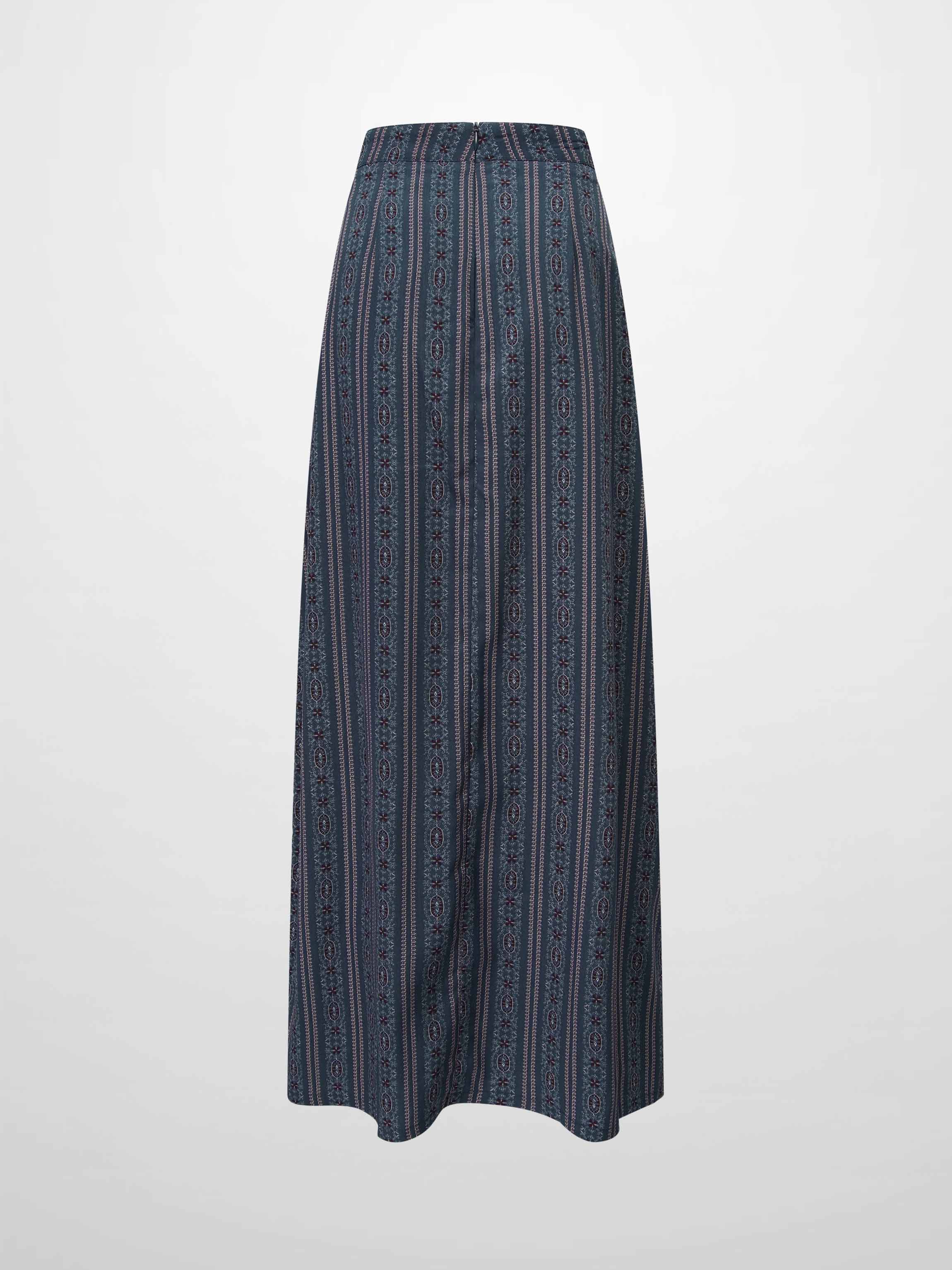 Pleat Bottom Blue Striped Medallion Flower Print Skirt