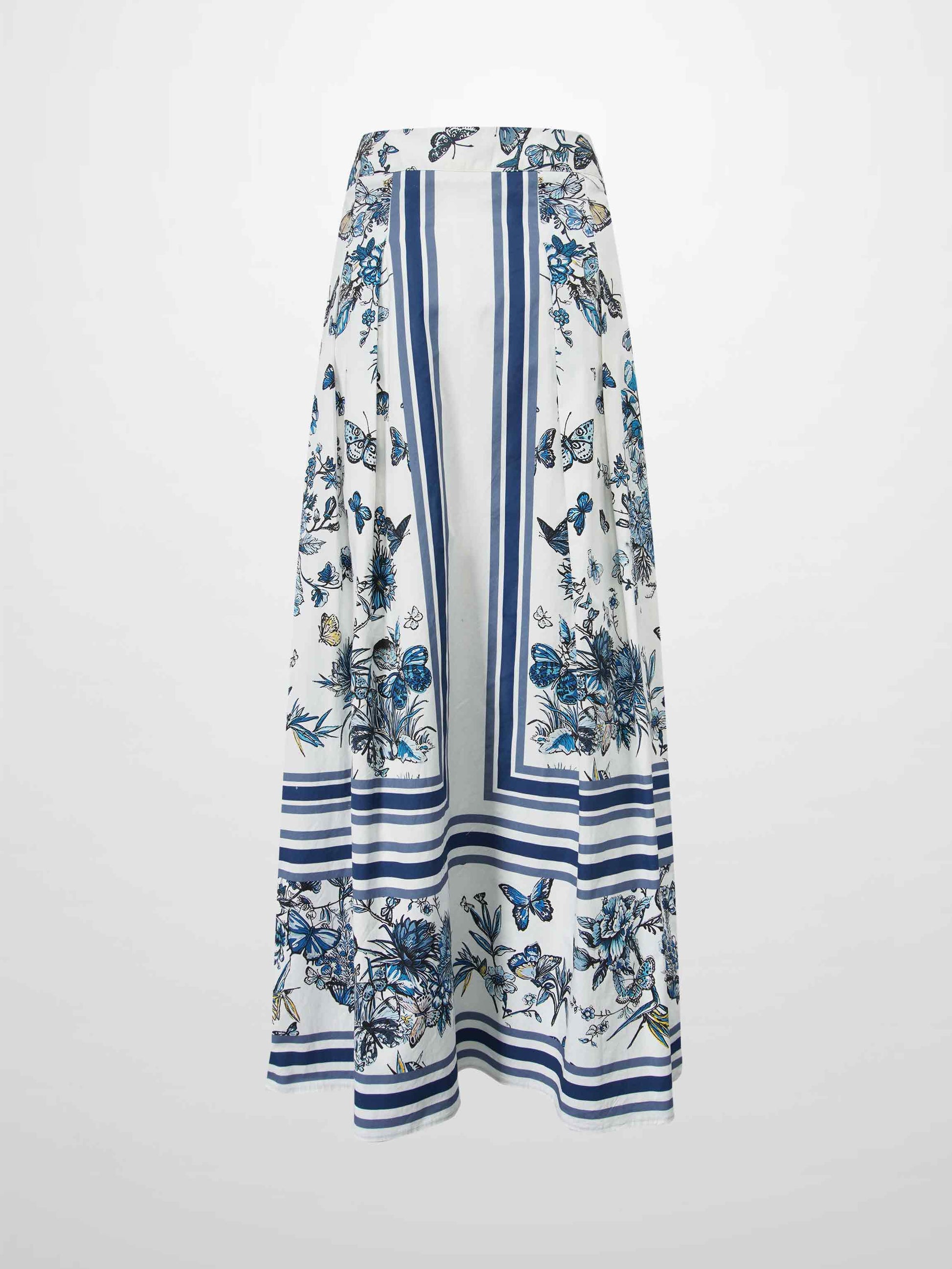 Printed Cotton Pleat Skirt-Navy/White-3