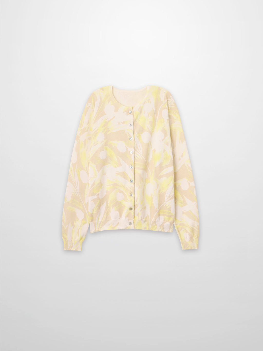 Yellow Floral Printed Thin Button-Down Crew Cardigan Lightweight Top