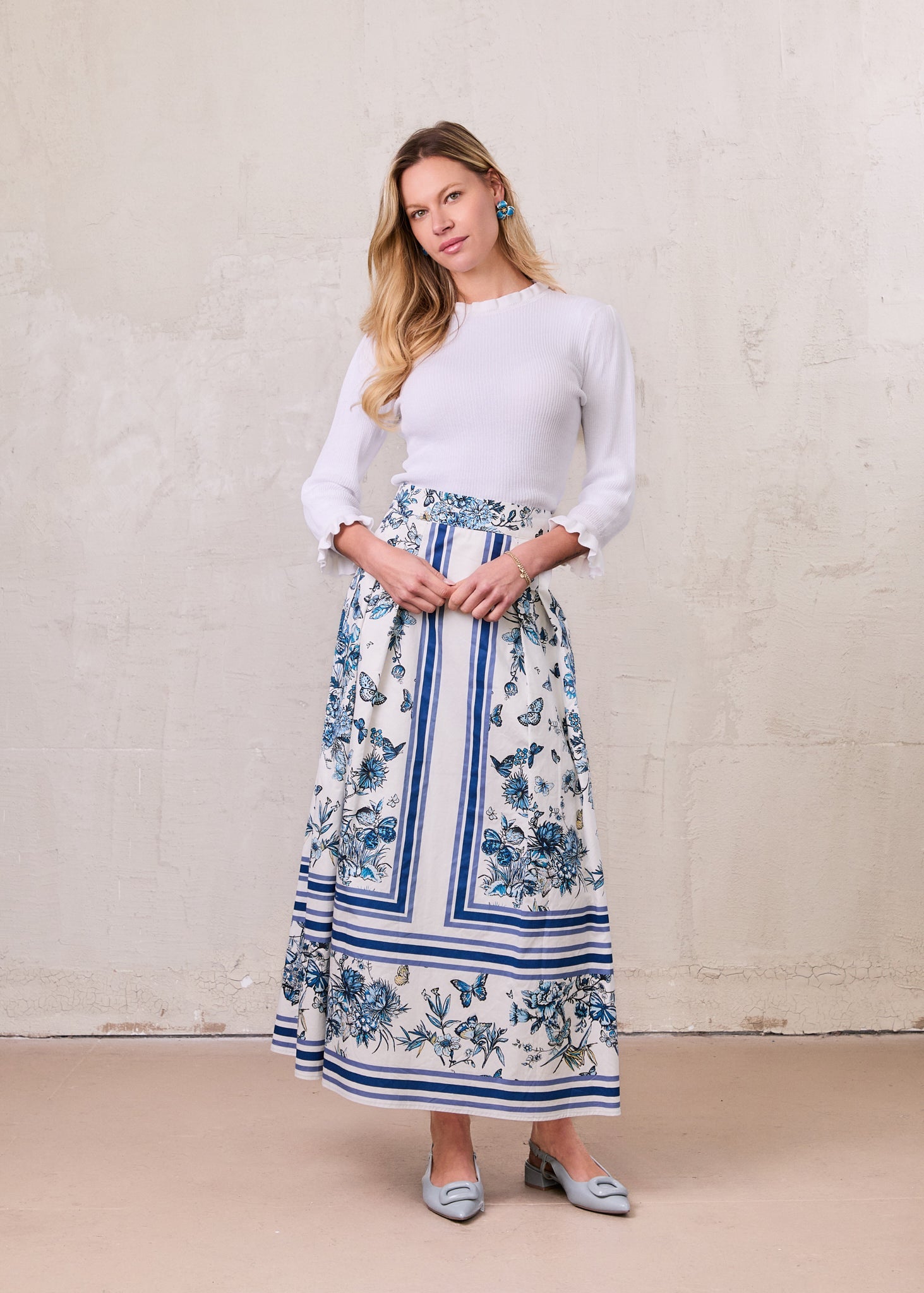 Printed Cotton Pleat Skirt-Navy/White-0