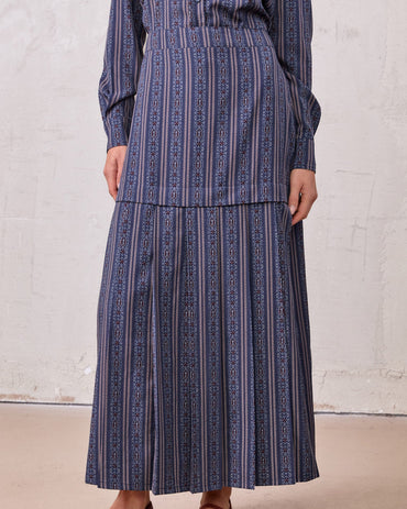 Pleat Bottom Blue Striped Medallion Flower Print Skirt