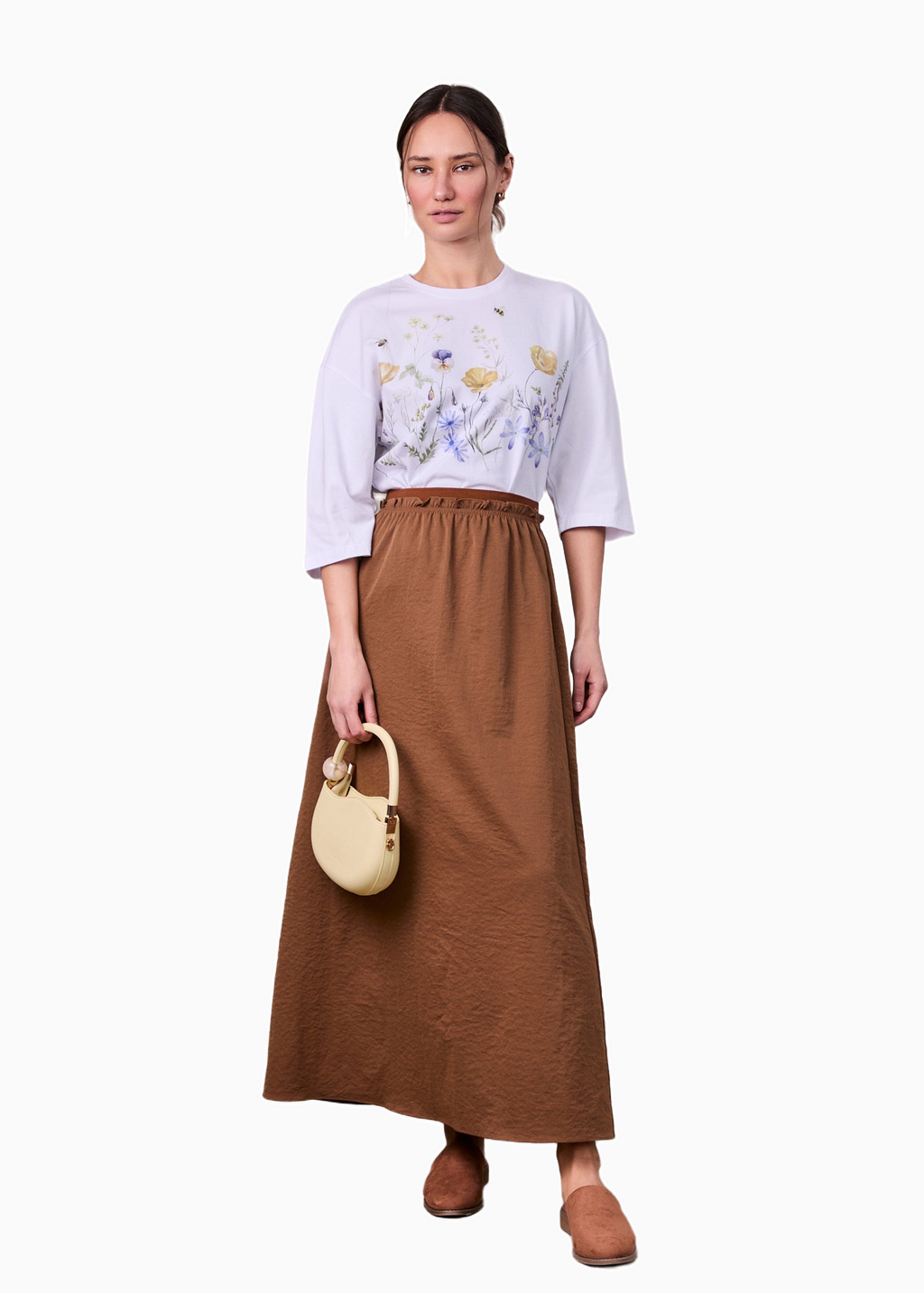 Brown Elastic Waist Ruffle Skirt Casual Comfortable Soft Fabric