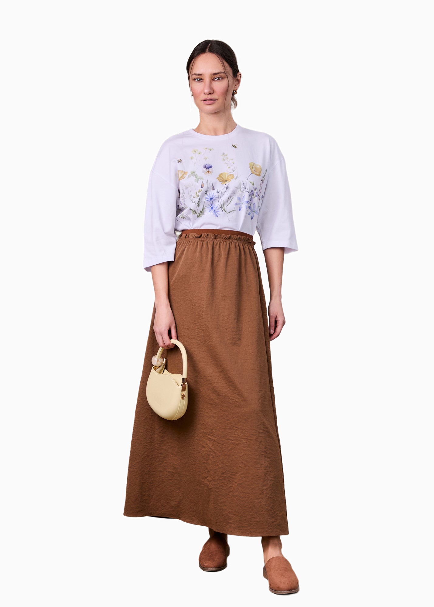 Brown Elastic Waist Ruffle Skirt Casual Comfortable Soft Fabric
