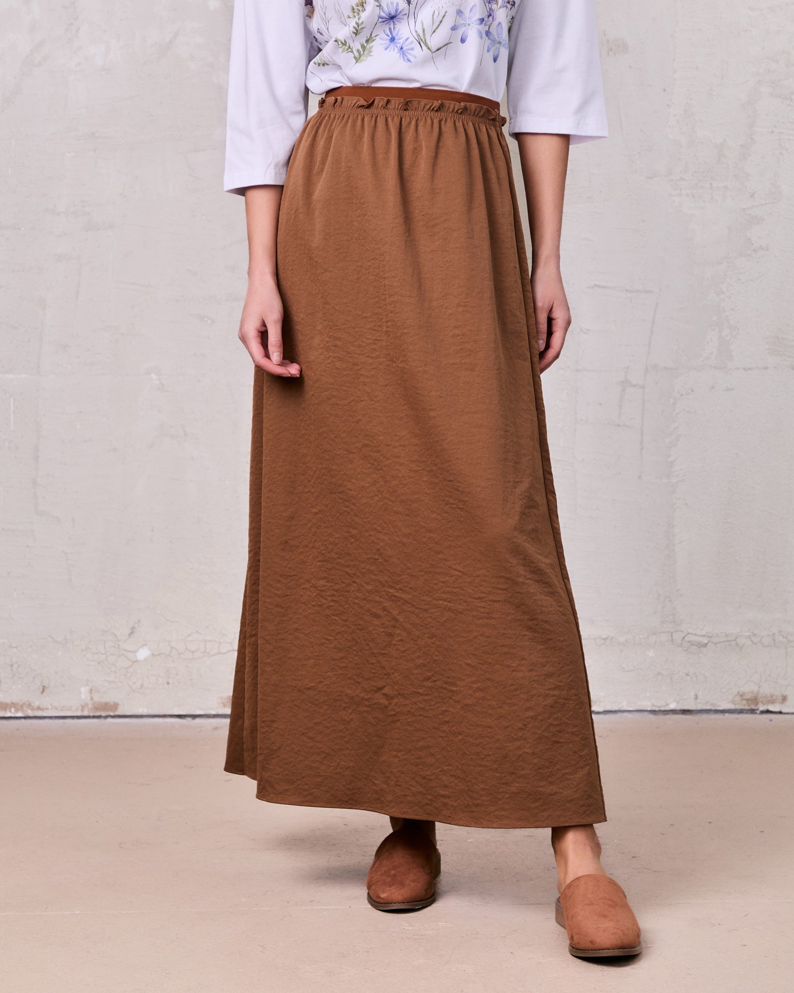 Brown Elastic Waist Ruffle Skirt Casual Comfortable Soft Fabric