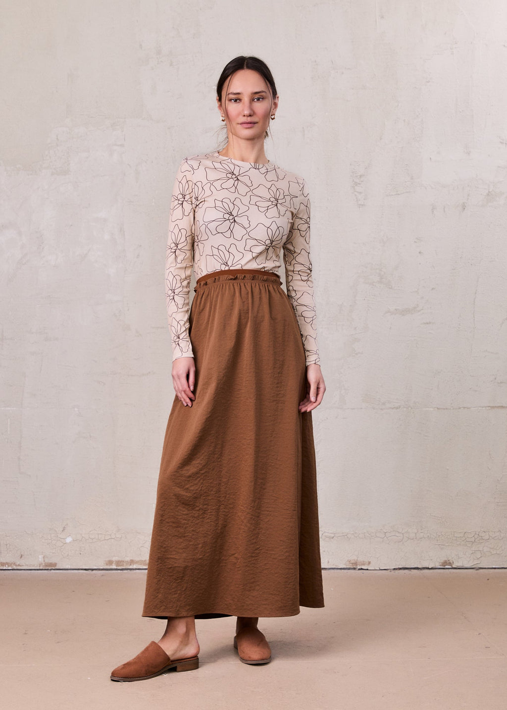 Brown Elastic Waist Ruffle Skirt Casual Comfortable Soft Fabric