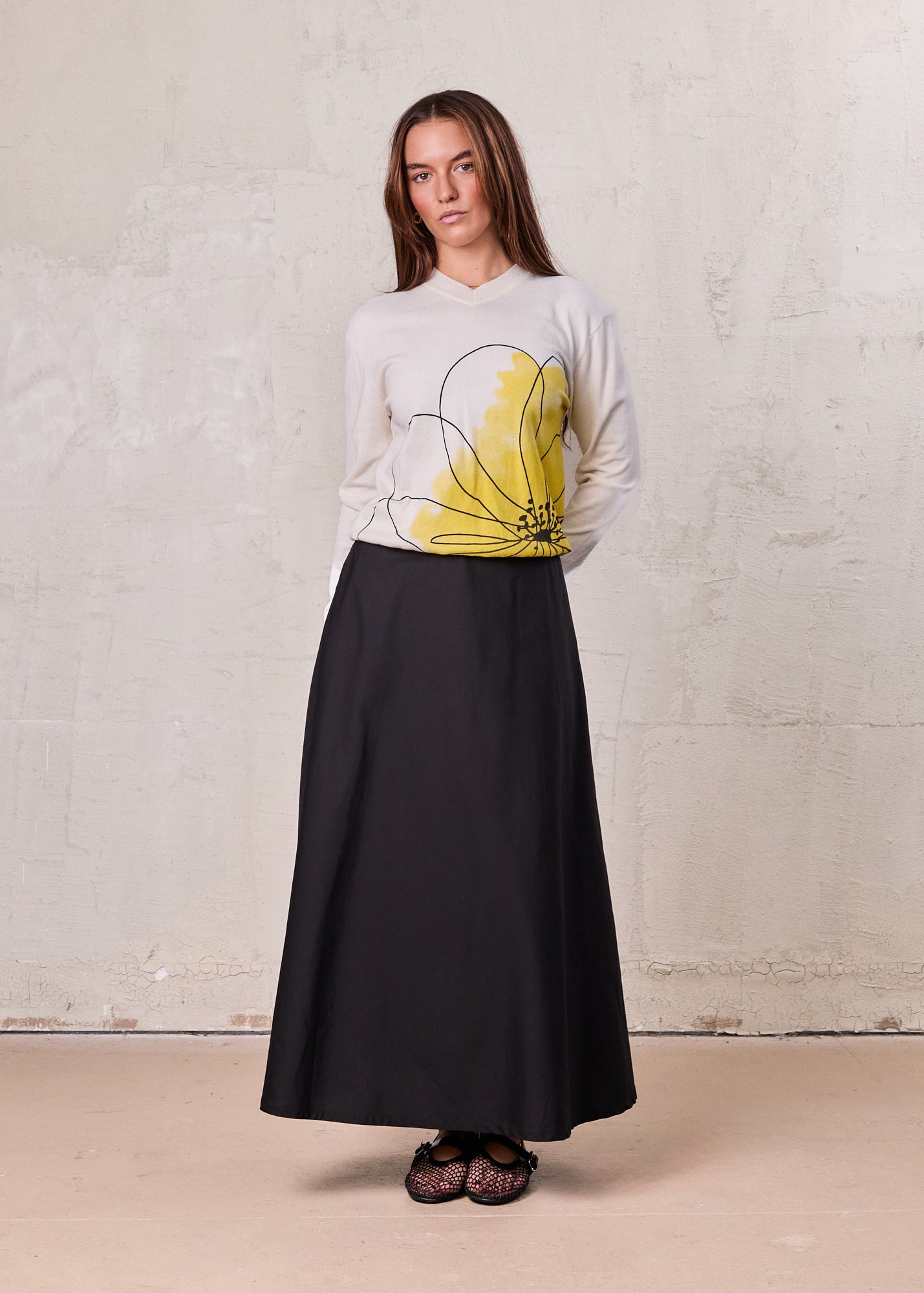 Elastic Back Maxi Cotton Blend Skirt Black Comfortable Casual Basic