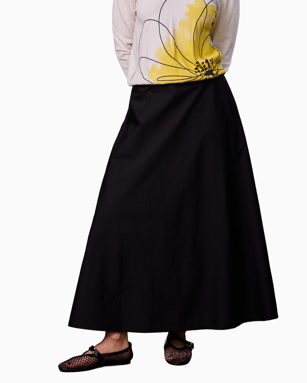 Elastic Back Maxi Cotton Blend Skirt Black Comfortable Casual Basic