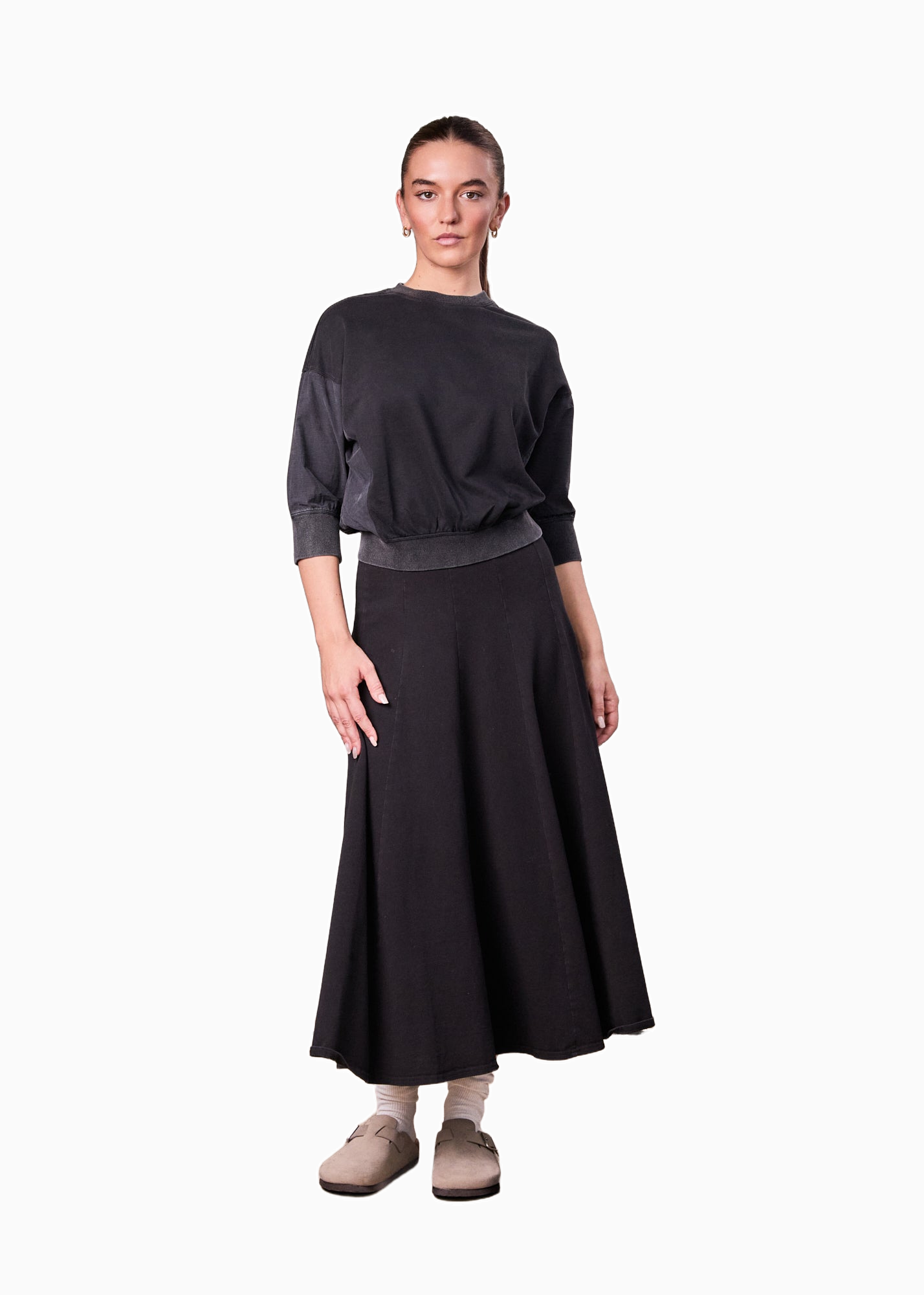 Paneled Flare Skirt 35 Inch Solid Black Casual Sporty Summer Skirt