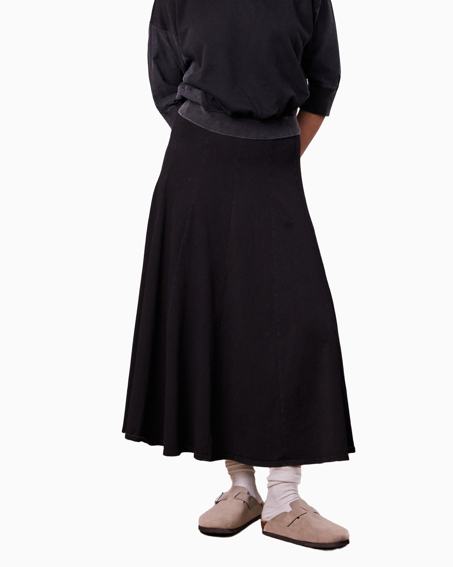 Paneled Flare Skirt 35 Inch Solid Black Casual Sporty Summer Skirt