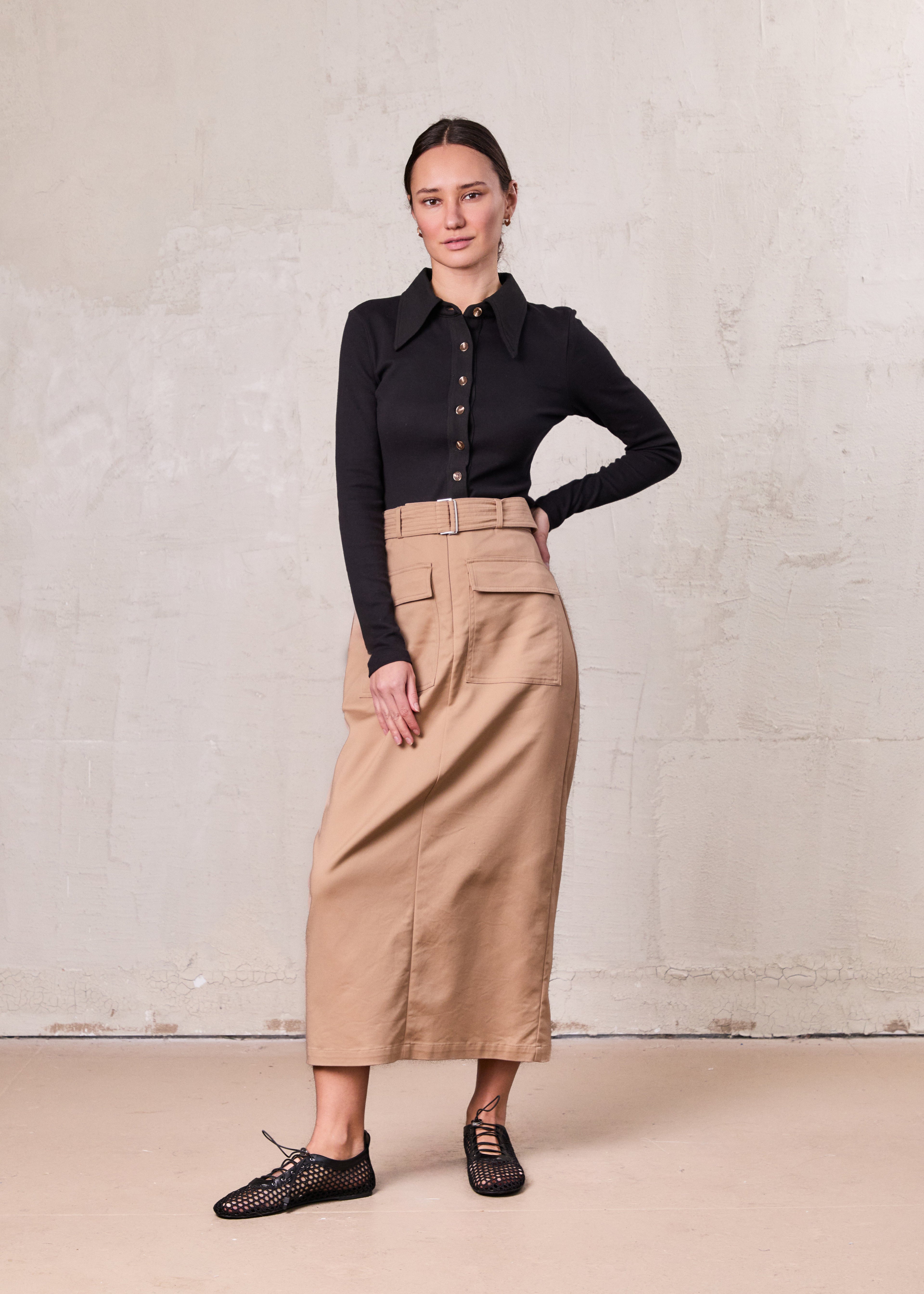 Tan Belted Straight Cargo Skirt with Pockets Casual SS26 New Arrival-0