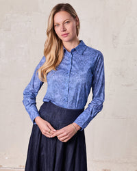 Blue Cotton Paisley Button Down Collared Blouse Casual Professional Top-0