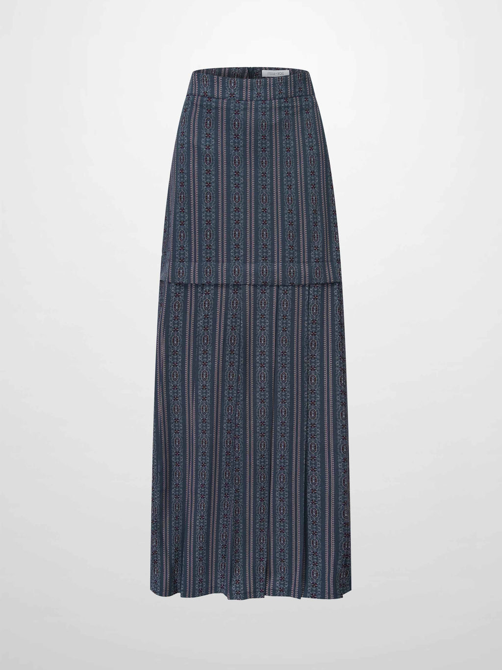 Pleat Bottom Blue Striped Medallion Flower Print Skirt