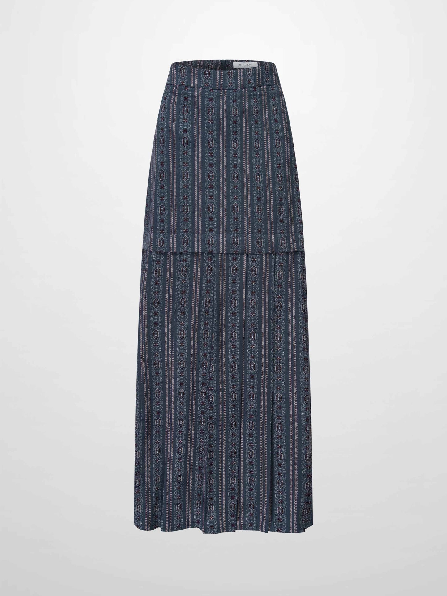 Pleat Bottom Blue Striped Medallion Flower Print Skirt