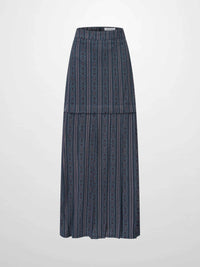 Pleat Bottom Blue Striped Medallion Flower Print Skirt