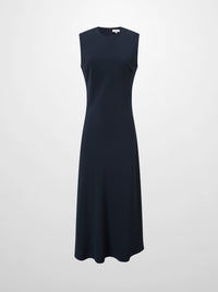 Navy Faux Satin Crew Neck Slip Dress Elegant Casual Basic