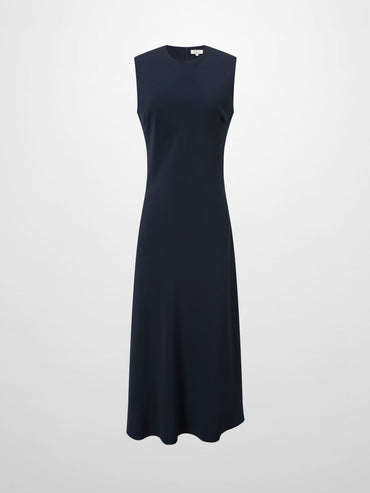 Navy Faux Satin Crew Neck Slip Dress Elegant Casual Basic