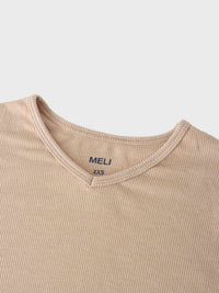 High V Ribbed Tee 3/4 Sleeve Tan Casual Summer Basic Top-2