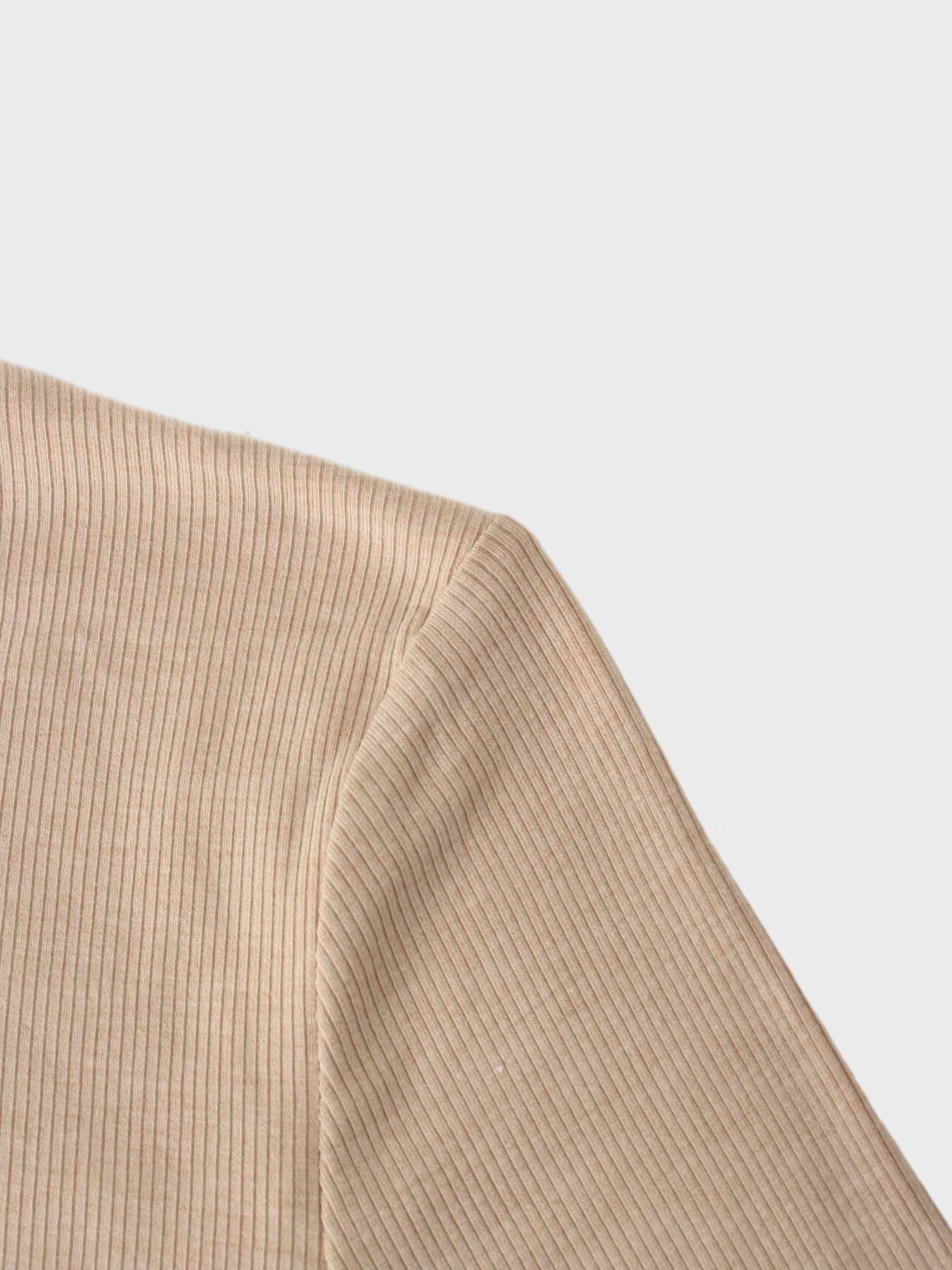 High V Ribbed Tee 3/4 Sleeve Tan Casual Summer Basic Top-3