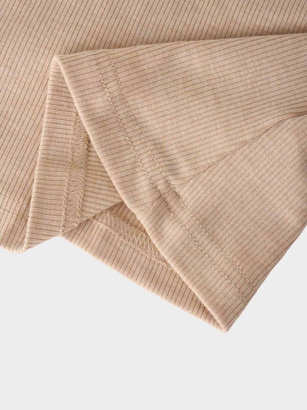High V Ribbed Tee 3/4 Sleeve Tan Casual Summer Basic Top-4