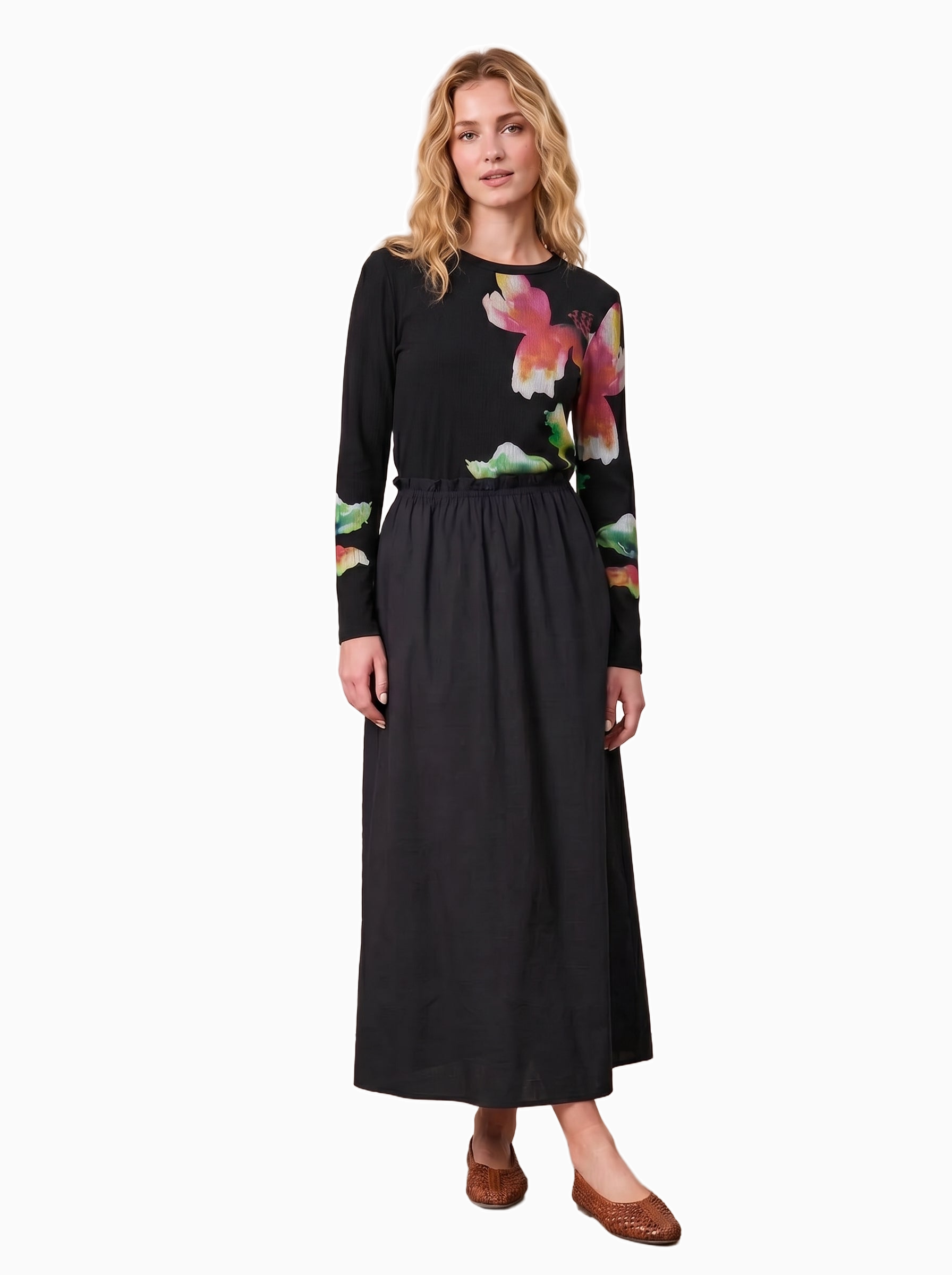 Elastic Waist Ruffle Skirt Black Casual Comfortable Versatile Staple