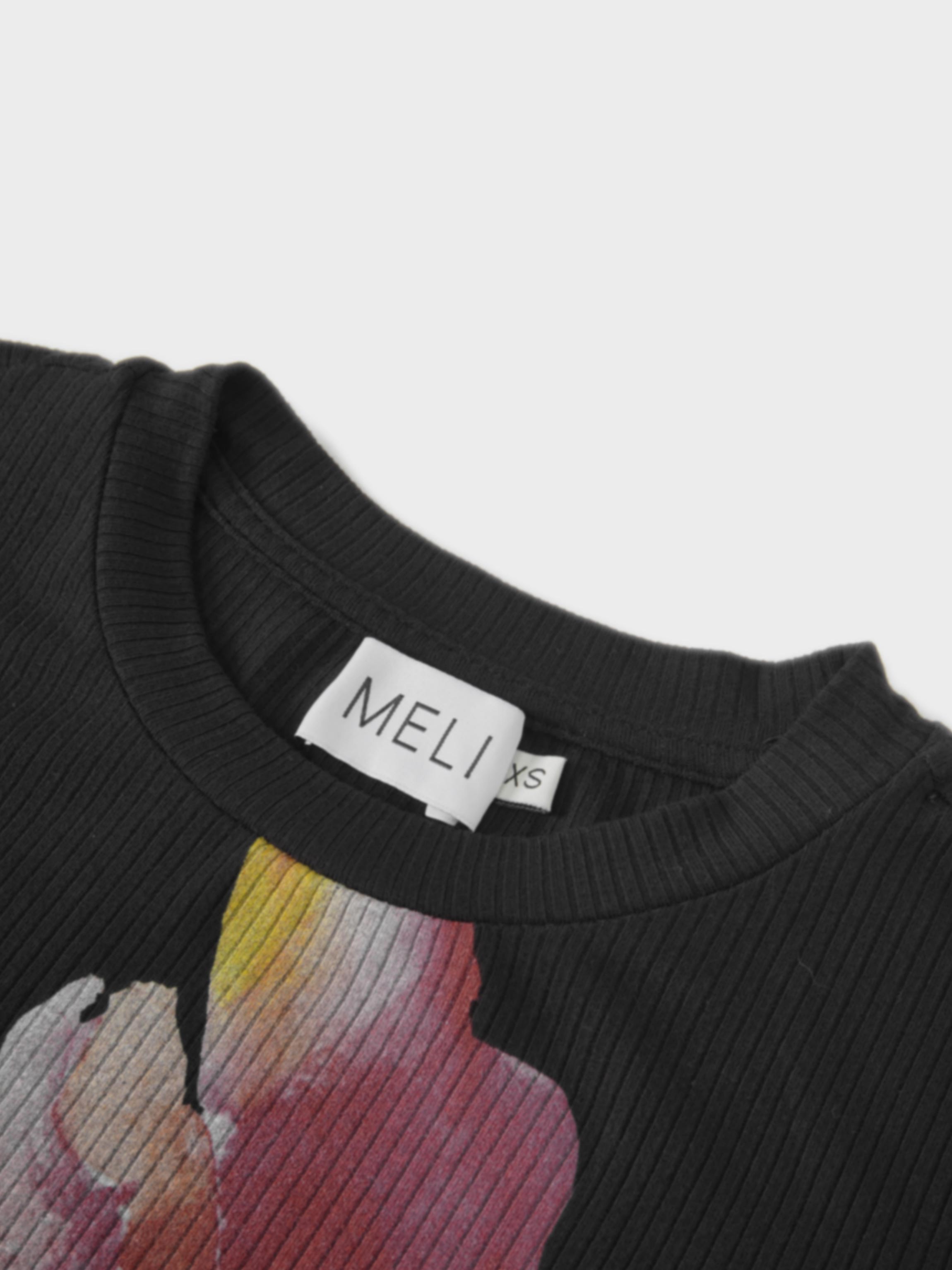 Printed Ribbed T-Shirt Black Flower Pop Lightweight Casual Tee