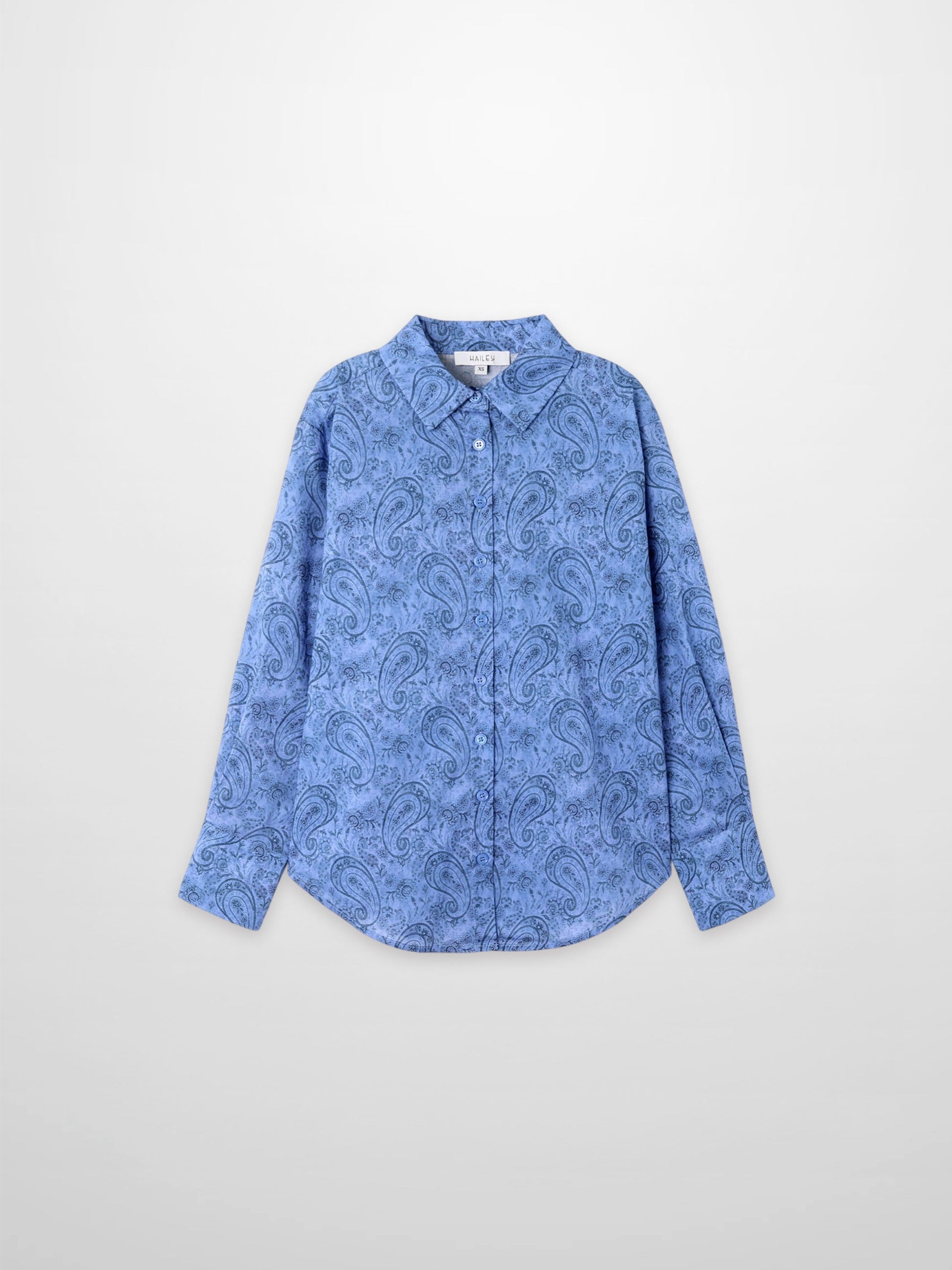 Blue Cotton Paisley Button Down Collared Blouse Casual Professional Top-1