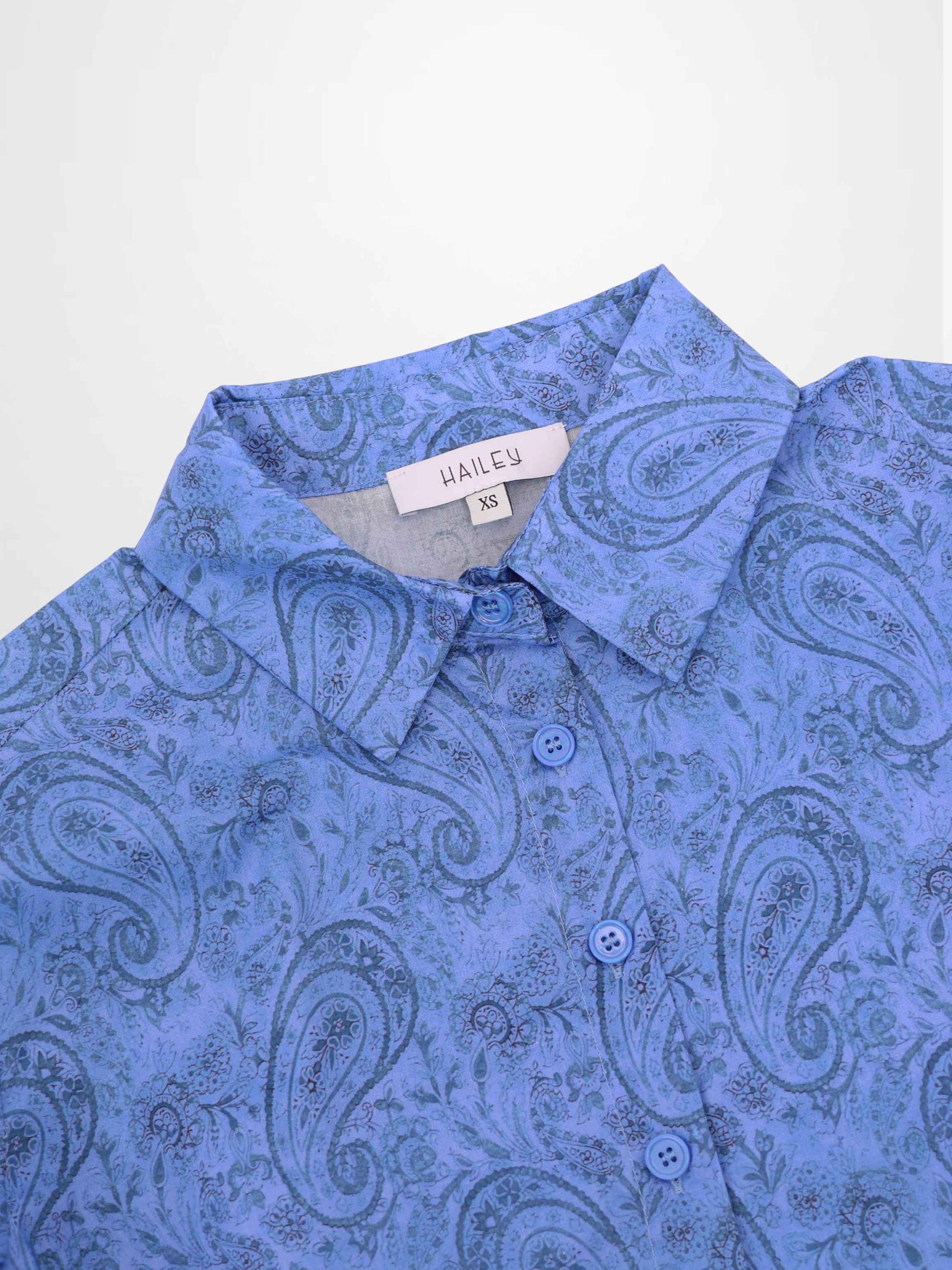 Blue Cotton Paisley Button Down Collared Blouse Casual Professional Top-3