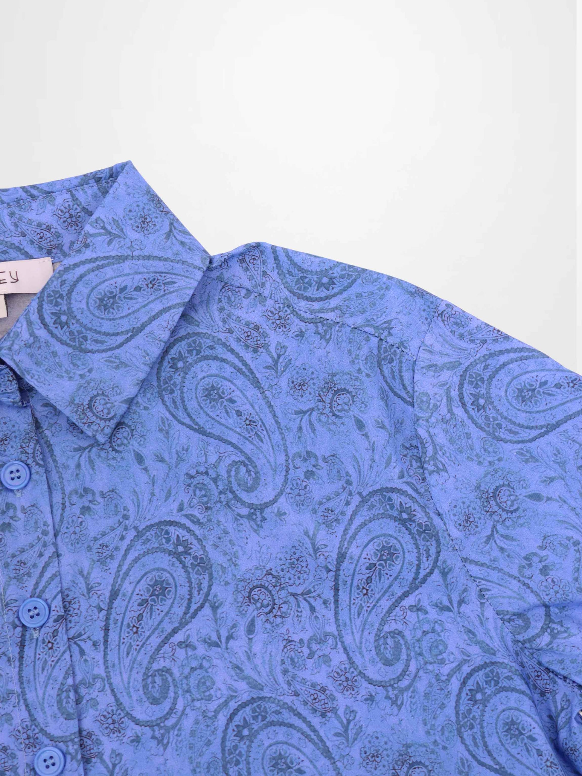Blue Cotton Paisley Button Down Collared Blouse Casual Professional Top-4