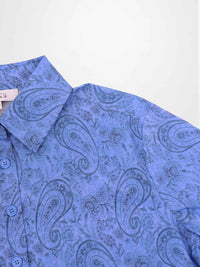 Blue Cotton Paisley Button Down Collared Blouse Casual Professional Top-4