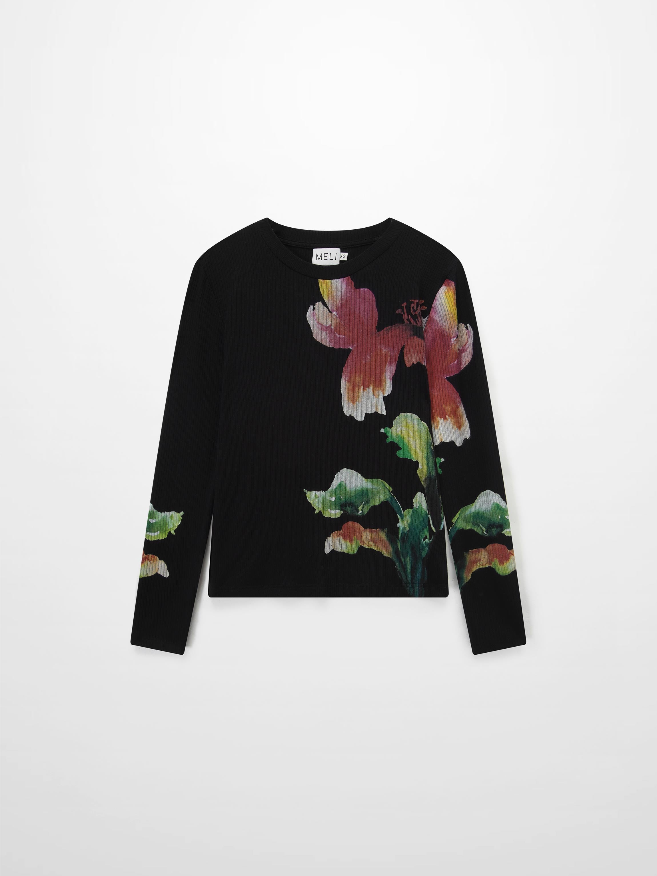 Printed Ribbed T-Shirt Black Flower Pop Lightweight Casual Tee