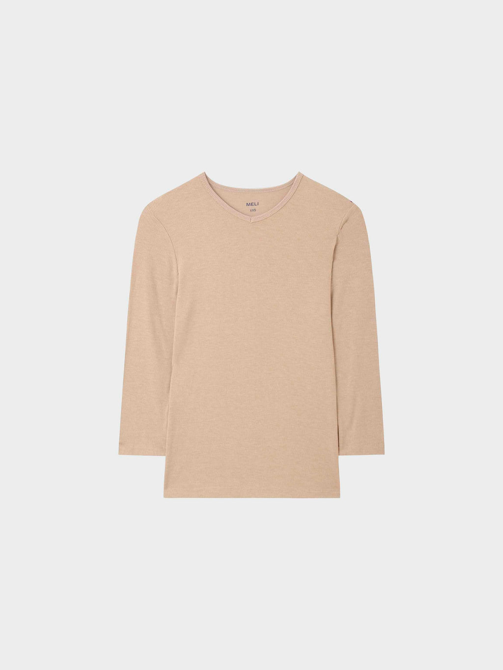 High V Ribbed Tee 3/4 Sleeve Tan Casual Summer Basic Top-0