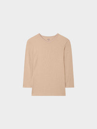 High V Ribbed Tee 3/4 Sleeve Tan Casual Summer Basic Top-0