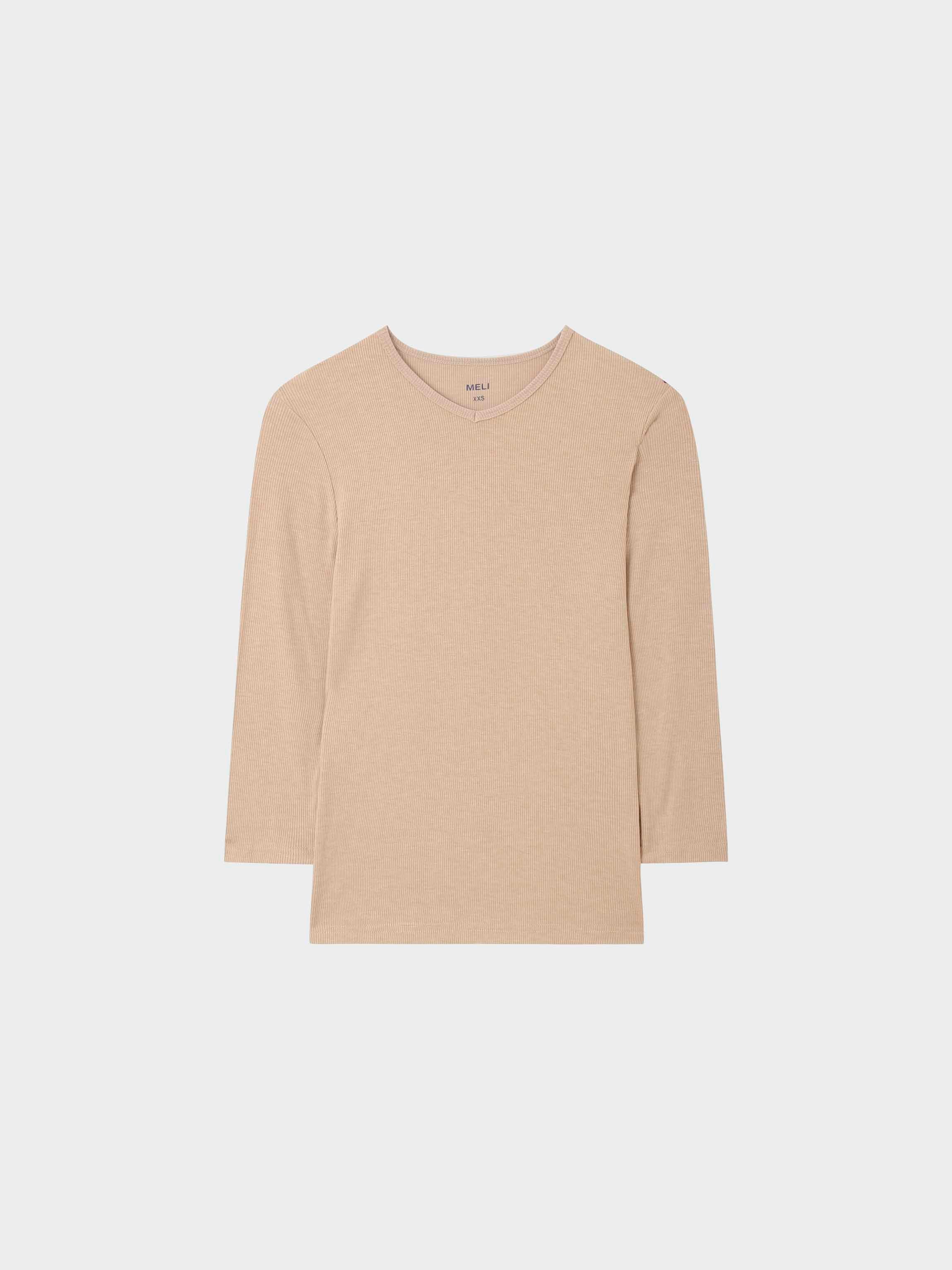 High V Ribbed Tee 3/4 Sleeve Tan Casual Summer Basic Top-0